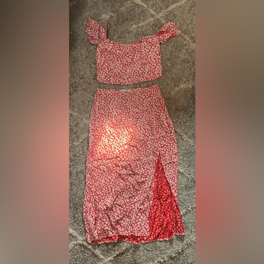 Red midi skirt with slit, matching tank top from Abercrombie & Fitch